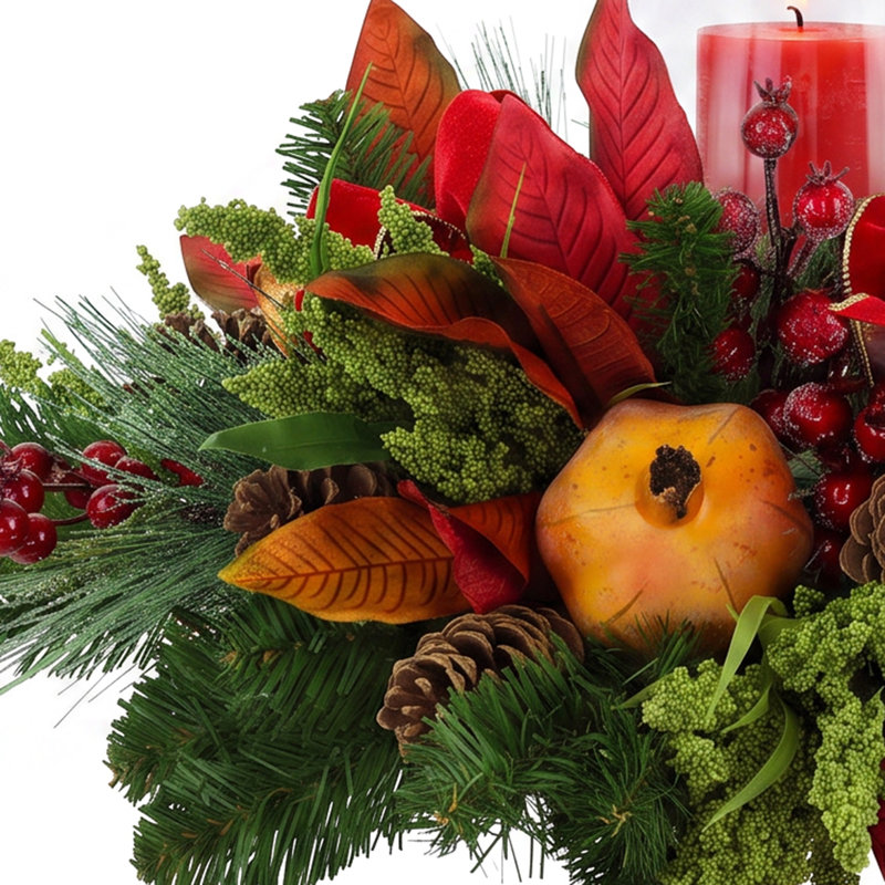 Holiday Candleholder Arrangement with Evergreens and Pinecones