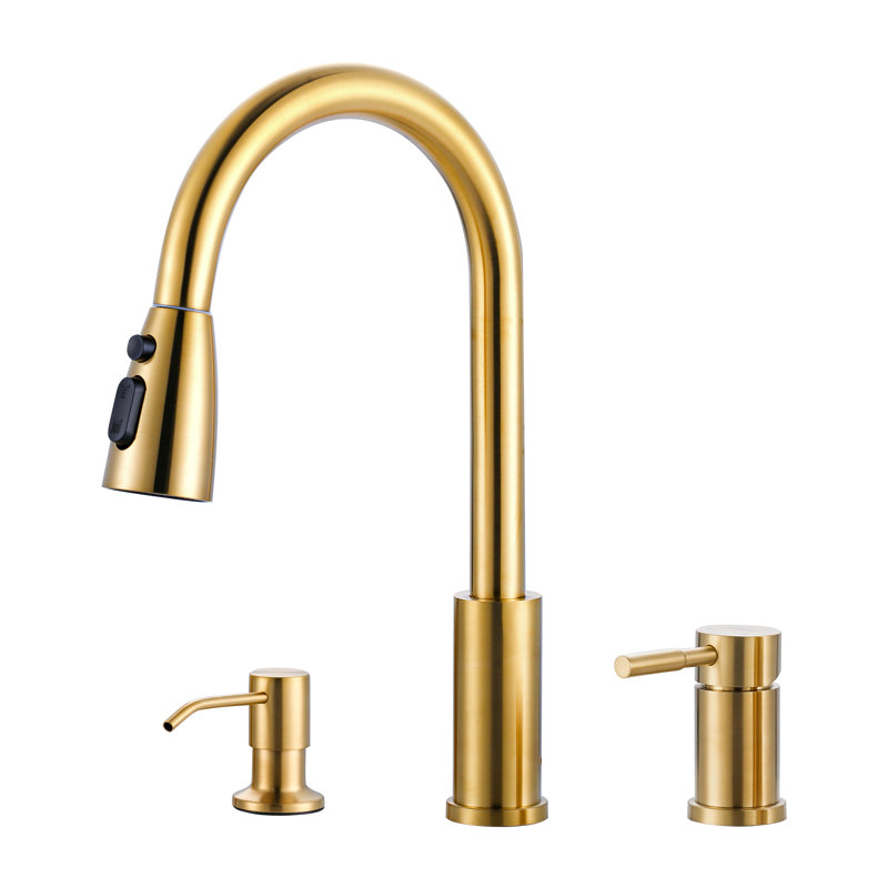 3-hole Pull Down Kitchen Faucet With Soap Dispenser And Unique Individual Handle, Brushed Gold