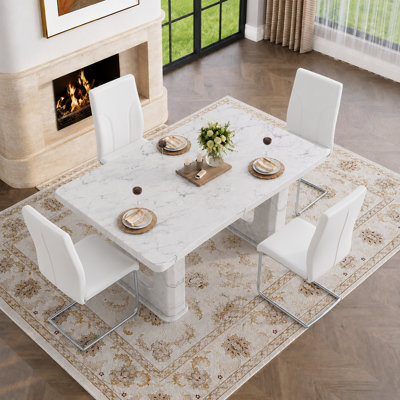 Ensemble de table de salle à manger moderne en marbre à motif moderne pour 4 personnes, ensemble de salle à manger rectangulaire avec base en verre et chaises en similicuir, ensemble de salle à manger contemporain
