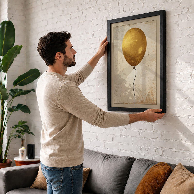 Golden Balloon Rising Minimalist - Framed Print, A2 - 59.4 x 42.0 cm, Black