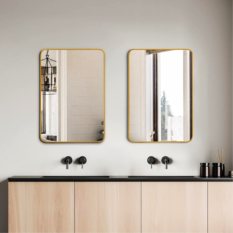 24 po x 32 po, miroir de salle de bain rectangulaire en métal doré, verre HD de 4 mm, - cadre en aluminium rouille, installation facile avec vis, film incassable non fabriqué, panneau de densité