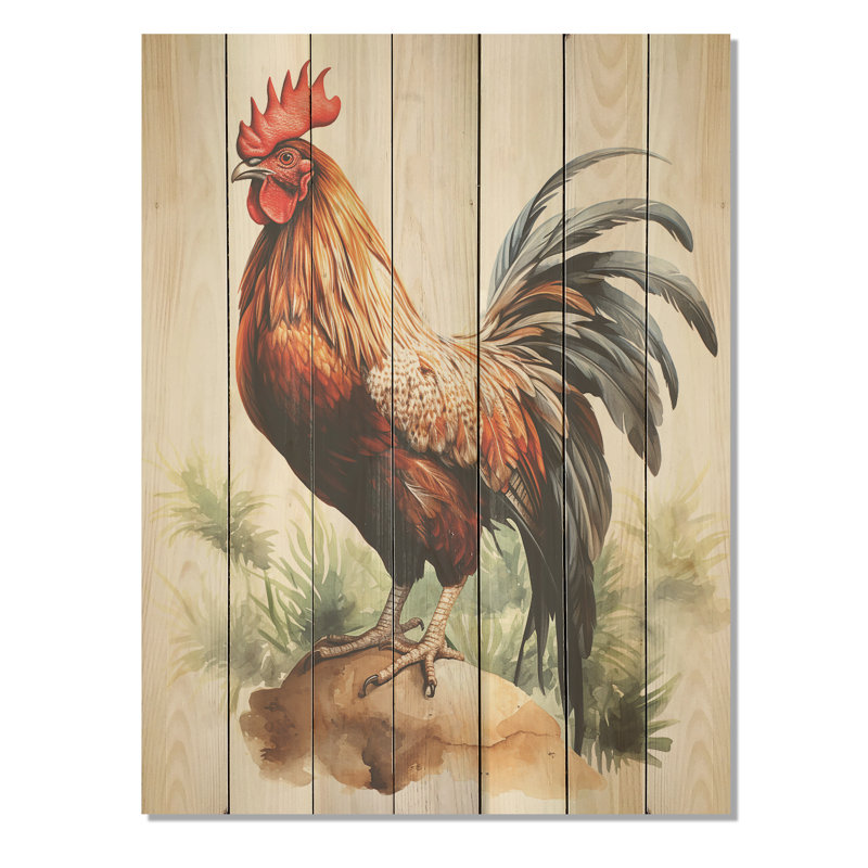 «Red Pointillist Plumage Study Rooster», animal de poulet sur bois, H 40 po x l 30 po