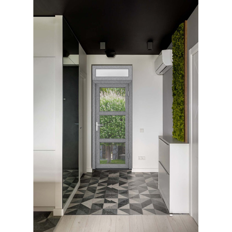 Front Exterior Prehung FiberGlass Door Clear Glass See-through / Manux 8555 Grey Ash Clear Glass / Top Exterior Window / Office Commercial and Residential Doors Entrance Patio Garage-W36" x H80+14"-Right-hand Inswing