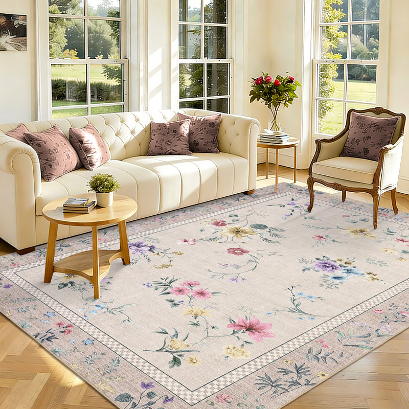 Washable Area Rugs for Living Room Modern Floral Bedroom Rugs for Dining Room OfficeContemporary Home Decor Rug, Beige
