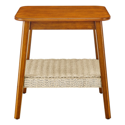 Mid-century Side Table For Bedroom. 23" With Woven Shelf And Extra Storage. Walnut Color, Solid Wood Legs, - Surface Small Shelf. Handmade . Simple As