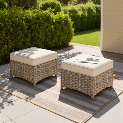 Repose-pieds d'extérieur pour patio avec coussin, repose-pieds en osier PE tissé à la main