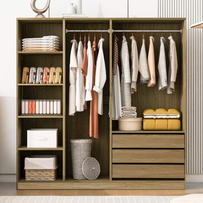 Armoire de rangement sans porte avec tablettes et 3 tiroirs, Naturel