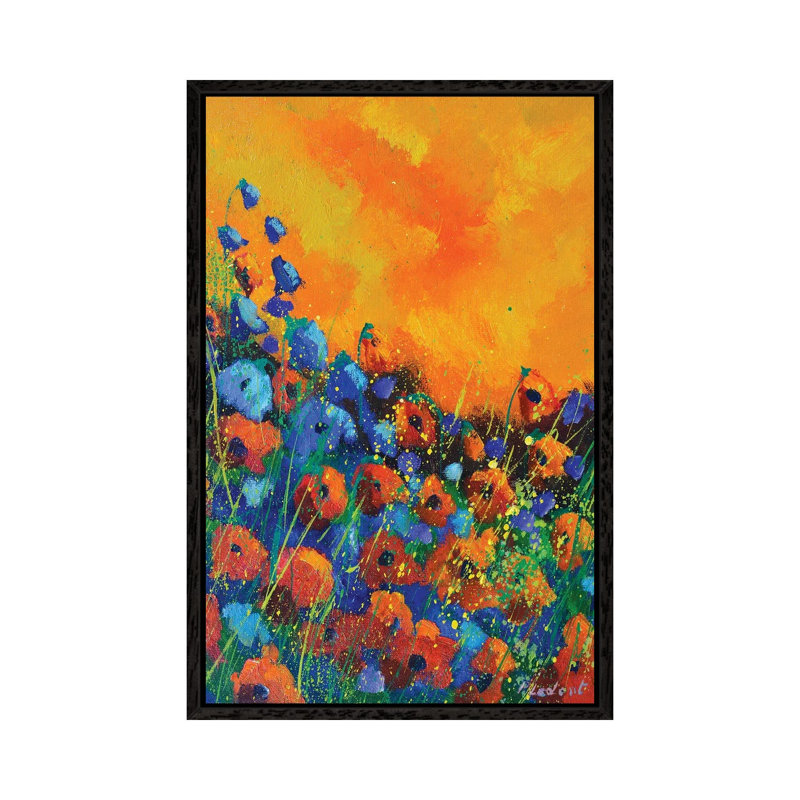 Orange Poppies by Pol Ledent - Painting on Canvas, 66.04cm H x 45.72cm W x 3.81cm D, Black Floater Framed