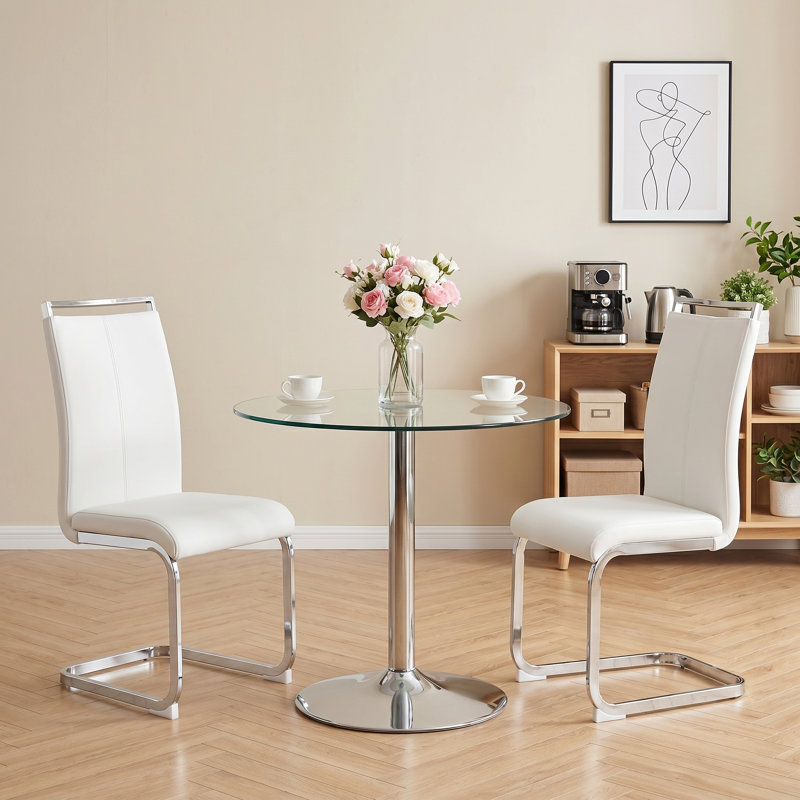 Set of 2 Modern Charlinda Faux Leather Dining Chairs with Chrome Metal Base and Handles, White