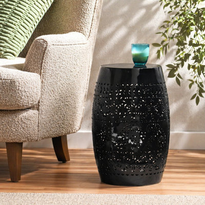 RUBY Side Table, Lace Cut Metal End Table For Outdoor & Indoor Use, Barrel Shape Accent Table With No Assembly Needed For Garden, Patio, Living Room, Backyard Decor,Black Color