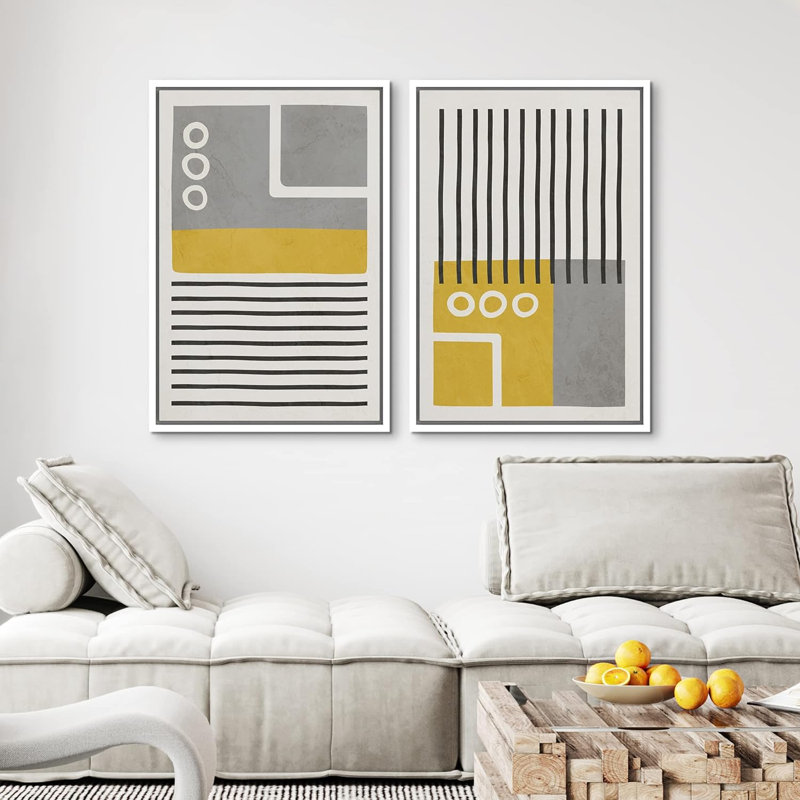 «Mid-Century Boho Style Grey Polygon», 2 pièces, H 24 po x l 16 po, Blanc