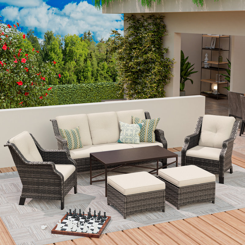 6 Pieces All-Weather Wicker Patio Conversation Set With Cushions, 3-Seat Sofa, Chairs, Ottomans & Metal Coffee Table, Beige
