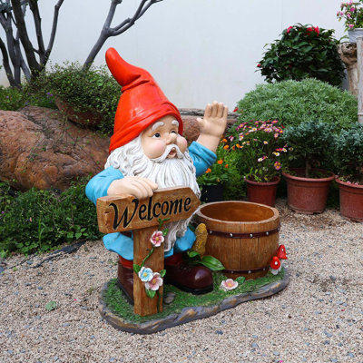 Sculpture de gnome d'extérieur fantaisiste avec pot de fleur intégré pour la décoration de jardin, de patio et de pelouse.