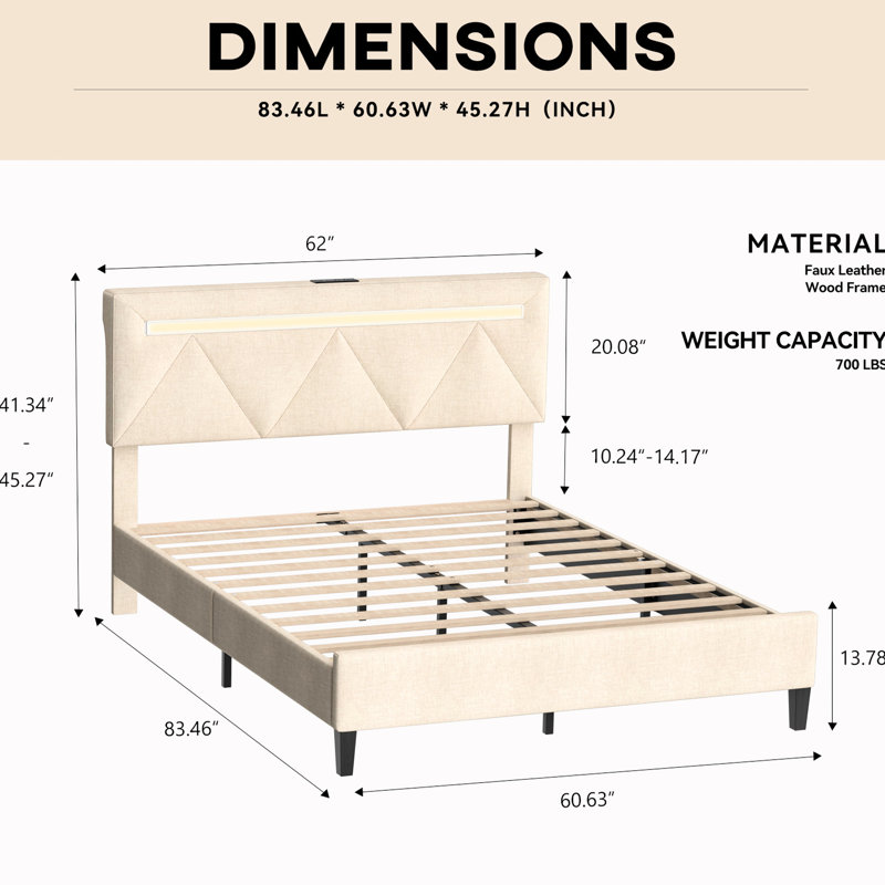 Structure de grand lit avec tête de lit, plateforme de rembourrage et fonction d'éclairage, hauteur réglable, confort silencieux, ajustement universel pour matelas, similicuir beige, mousse à mémoire de forme, bois de chêne, moderne