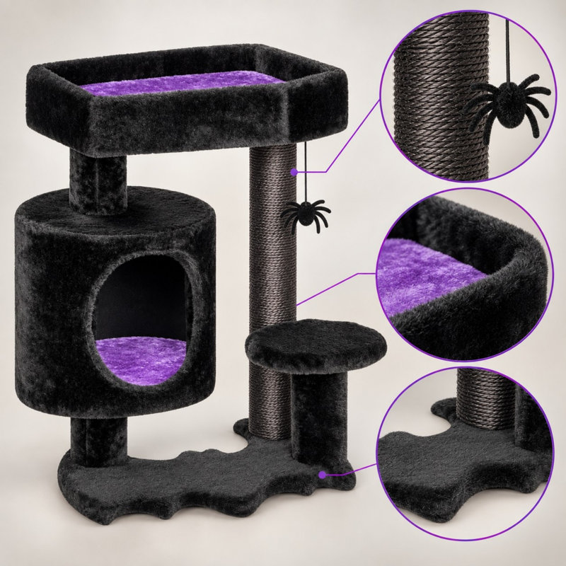 Arbre à chat gothique pour chats d'intérieur avec lit en forme de cercueil et poteaux en sisal