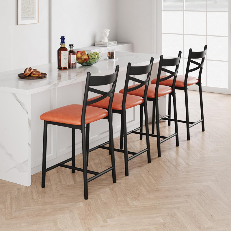 Counter Height Bar Stools Set of 4, Metal Frame, Thick Cushioned Seat for Kitchen Island, Brown, Brown, 4, Black