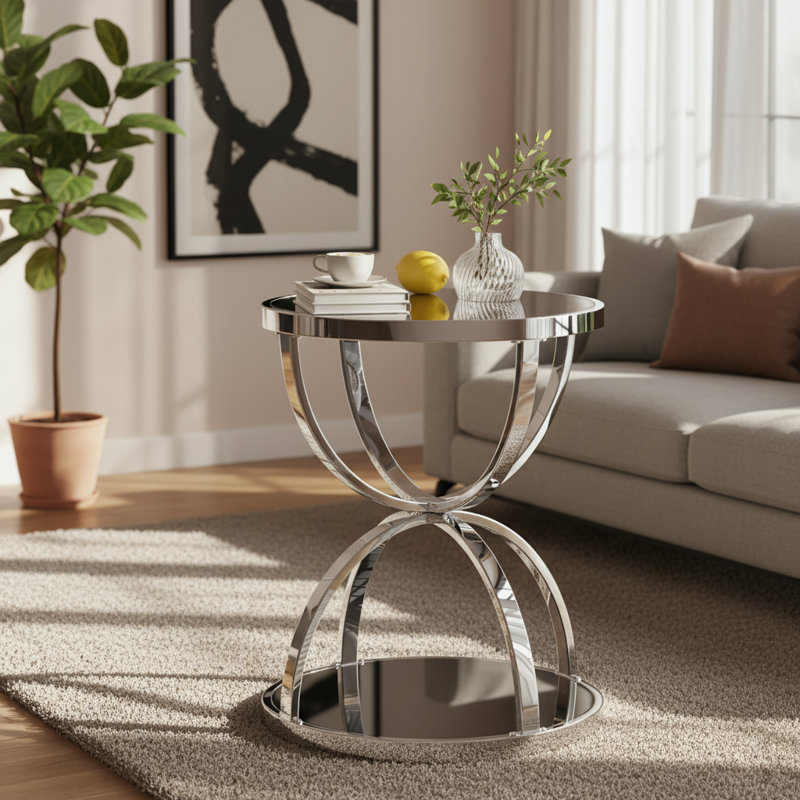 Table d'appoint moderne en verre à structure en anneau à 2 niveaux pour salon, chambre à coucher et bureau, Gris, Argent