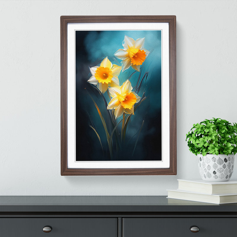 XYZ-FRM-V1223-481 Daffodil Flower Romanticism - Single Picture Frame Print on Wood, 34cm H x 25cm W x 2cm D, Walnut