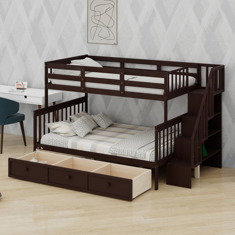 Stairway  Bunk Bed With Drawer, Storage And Guard Rail For Bedroom, Dorm, For Adults, Espresso