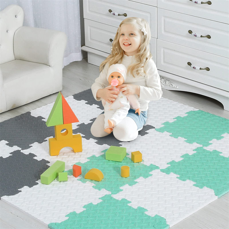 Tapis de jeu en mousse imbriquée, Blanc / gris / vert menthe