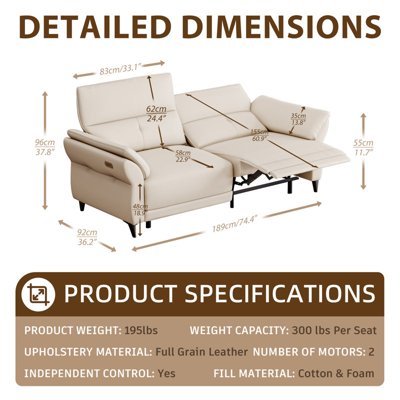 Modern Off White 2 Seat Recliner Sectional Sofa with Dual Motor, Full Grain Leather Power Reclining Couch with Console and USB Ports for Bedroom