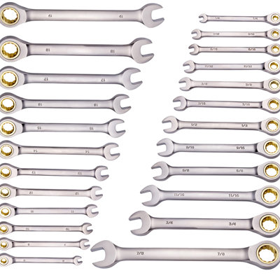 24 Pcs And Metric Combination Wrench , 72 - Tooth Ratchet With 5 Working Angle, Forged Steel, Organizer Rack For Organization, Gray Carbon Steel