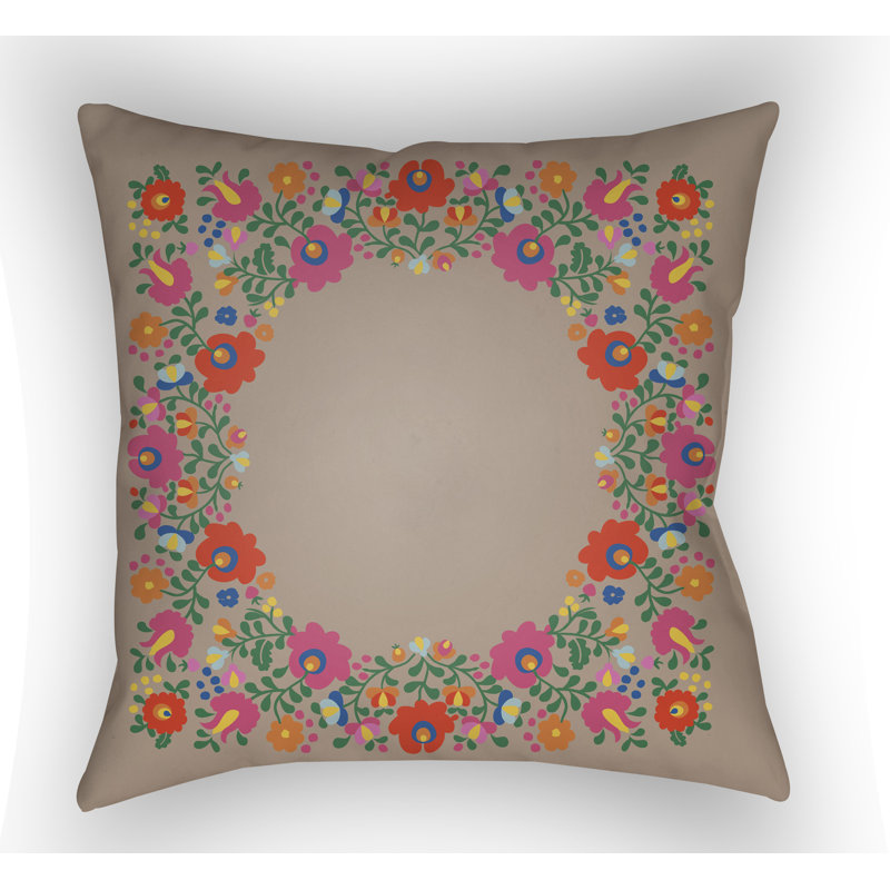 Floral Outdoor Throw Pillow, Taupe, 16" H x 16" W x 3" D