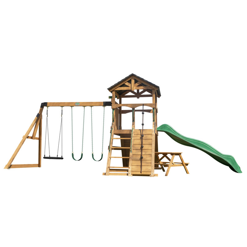 Ensemble de balançoire en bois de cèdre avec glissade à vagues, plate-forme de jeu, double paroi rocheuse et table de pique-nique Backyard Discovery Endeavor II