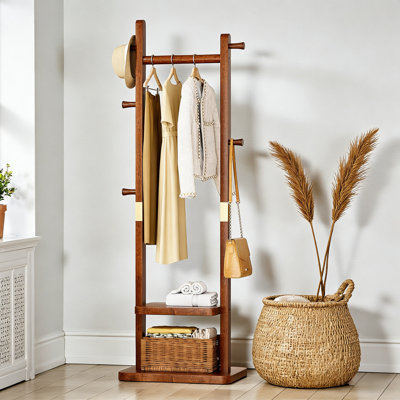 Bar Solid Wood Culler With Double Shelves - Walnut Brown Freestanding Wardrobe Organizer, 5 Hooks & Wide Base For Entryway, Bedroom & Living Room