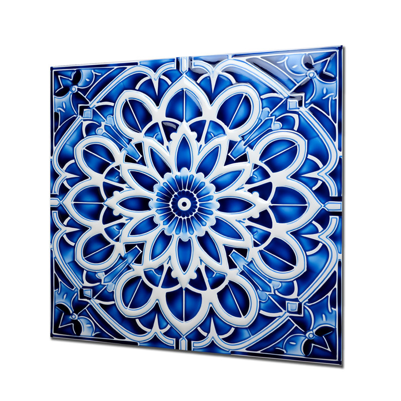 Carreaux marocains blancs et bleus - art mural géométrique en métal, H 16 po x l 16 po