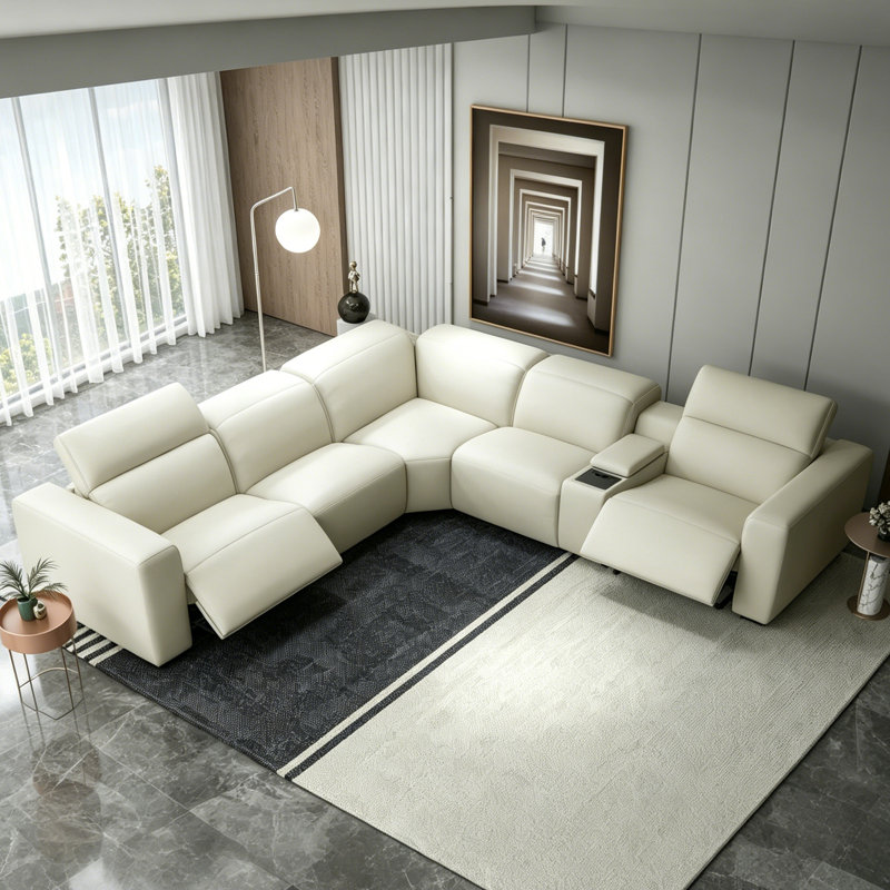 Canapé modulaire inclinable électrique moderne en L avec console, Slate Blue Top Grain Leather