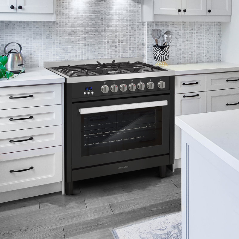 Cosmo 36 In. Nebula Collection 3.8 Cu. Ft. Gas Range, 5 Burners, Rapid Convection Oven, Cast Iron Grates In Matte Black