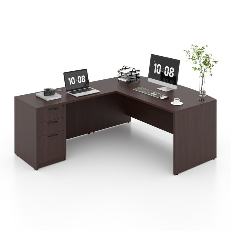 Bow Front L-Shaped Executive Desk With File Cabinet, Brown