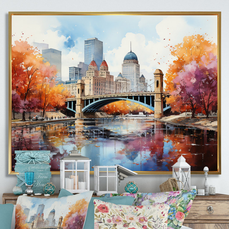 Minneapolis en automne II, H 12 po x l 20 po x P 1 po, Cadre flottant doré