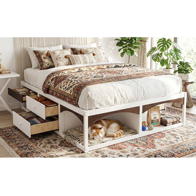 Structure de très grand lit avec tiroirs de rangement, lit plateforme sans tête de lit, design adapté aux animaux de compagnie, aucun sommier tapissier requis, style minimaliste moderne - blanc