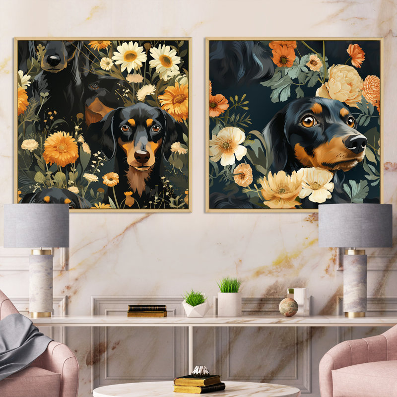 Daschund Dog - animaux, ensemble de 2 collages carrés, Cadre flottant brun, H 30 po x l 61 po