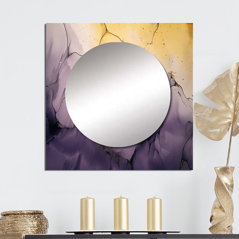Eichi - Grand miroir mural carré en forme de nuage encre mauve et fractale or et fractales, 36 po x 36 po