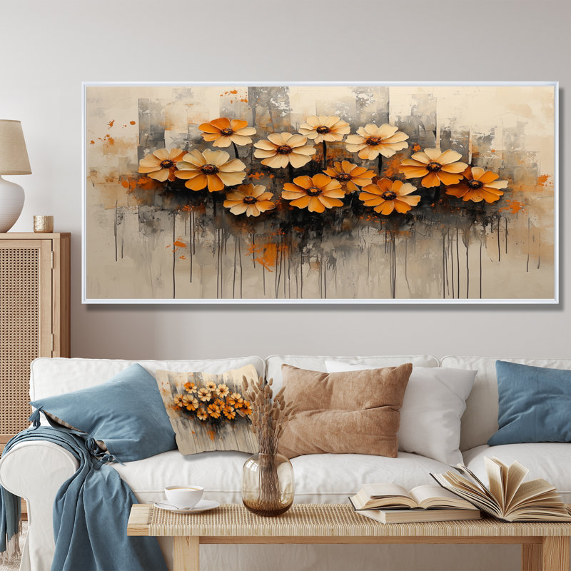 «Irimie Zinnias Flowers Winter Hues II», art mural sur toile Zinnias, H 28 po x l 60 po, Impression encadrée flottante, Blanc