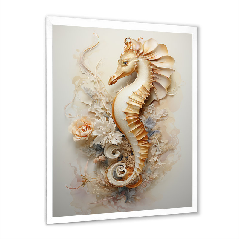 Hippocampe magique beige sur toile, Cadre simple blanc, H 44 po x l 34 po x P 1,5 po