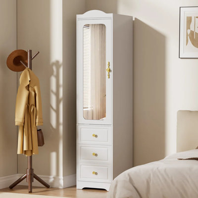 15.75" W Tall Armoire Wardrobe Closet with Mirror & LED Lights, Space Saver, 3 Drawers, Hanging Rod & Adjustable Shelves, White & Left Side Door