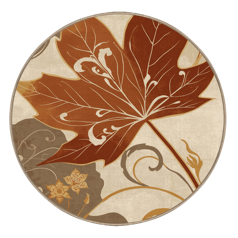 Tapis floral classique en feuille d'érable lavable à la machine beige Parrilla, Rond 5 pi