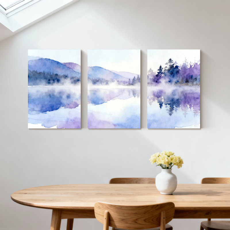 Hiver, forêt, montagne, lac, brume, arbres, art aquarelle, ensemble de 3 impressions sur toile, H 30 po x l 60 po