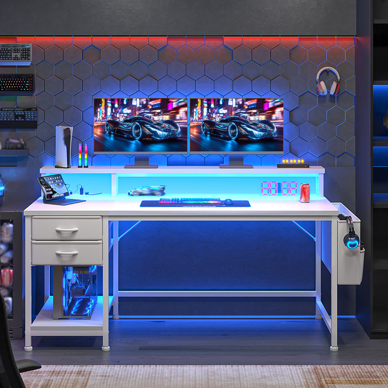 Computer Desk With Monitor Stand & Power Outlet & 2 Drawers & Side Pocket,gaming Desk With Led Lights, White