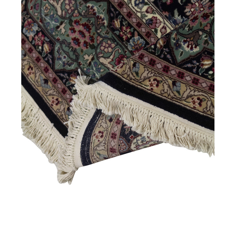 Tapis bleu marine et vert noué à la main de haute qualité
