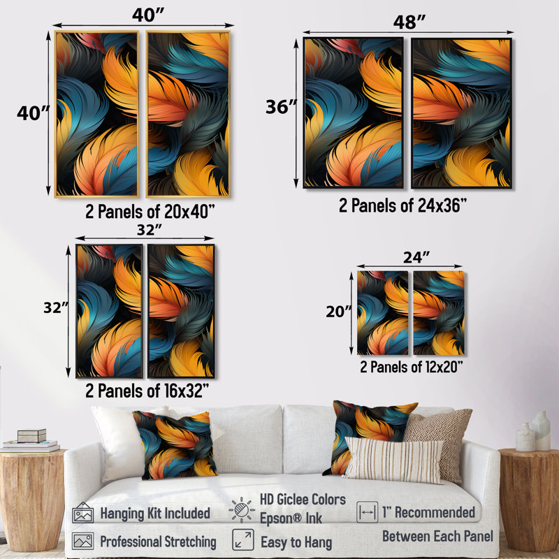 Plume orange et sarcelle, élégance aviaire - Art mural orange, H 36 po x l 48 po, Impression encadrée flottante, Noir