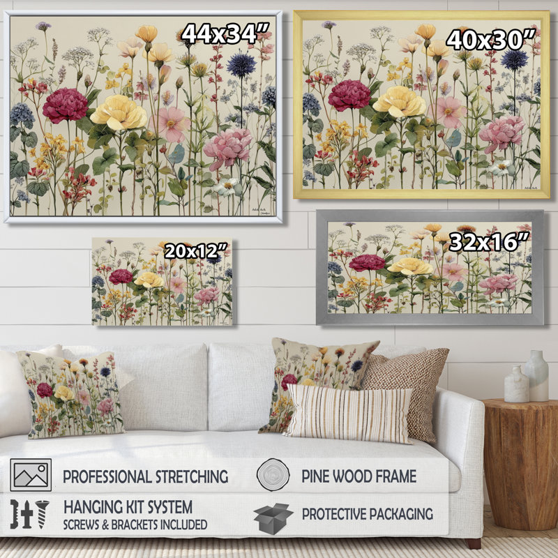 Délicat mur de fleurs sauvages - impressions sur toile de fleurs sauvages, art floral rose, H 16 po x l 32 po, Crème