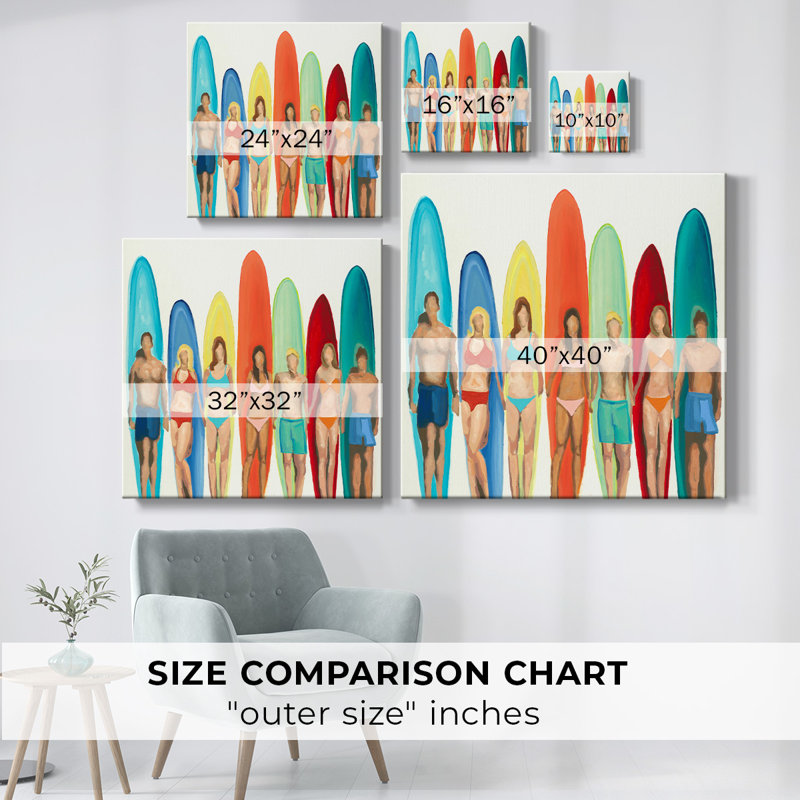 Surfeurs sur toile, H 32 po x l 32 po x P 1,5 po