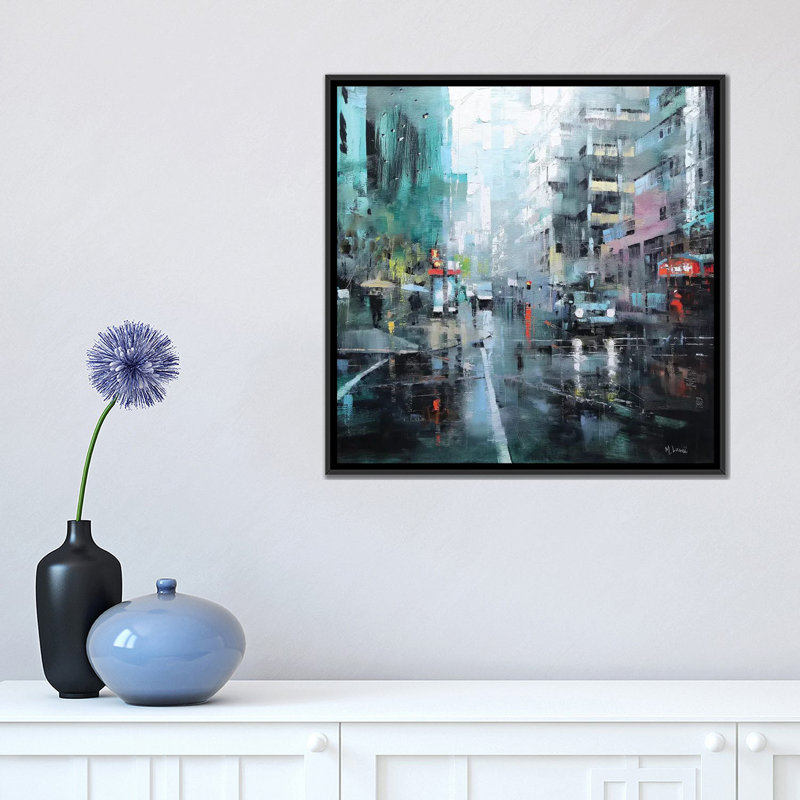 « montréal turquoise pluie », impression sur toile, Pas de tapis, Toile avec cadre noir, H 37 po x l 37 po x P 1,5 po