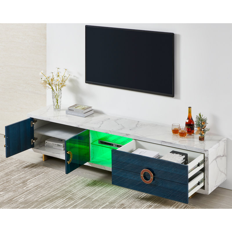 86" W Modern Media Console with Drawers | TV Stand for Up to 85" TVs | Storage Sideboard Cabinet, Carrara Marble veneer