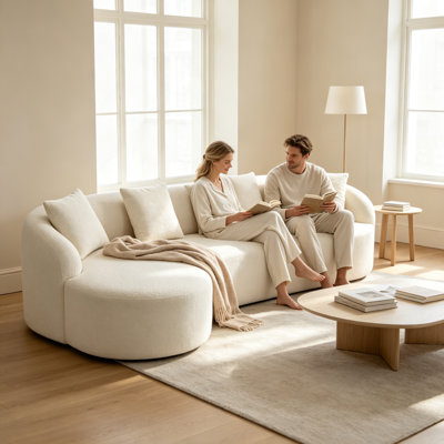 Canapé d'angle modulaire moderne en forme de L avec méridienne incurvée, canapé profond en chenille blanche avec mousse haute densité 30D, canapé minimaliste pour salon, chambre et petits espaces